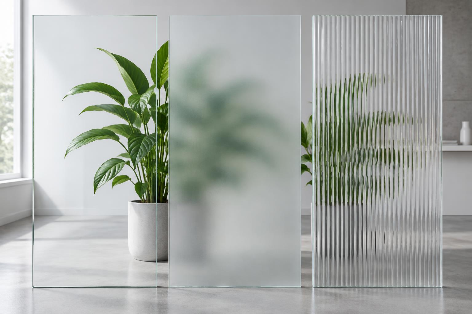 Planta vista através de vidro transparente, fosco e canelado